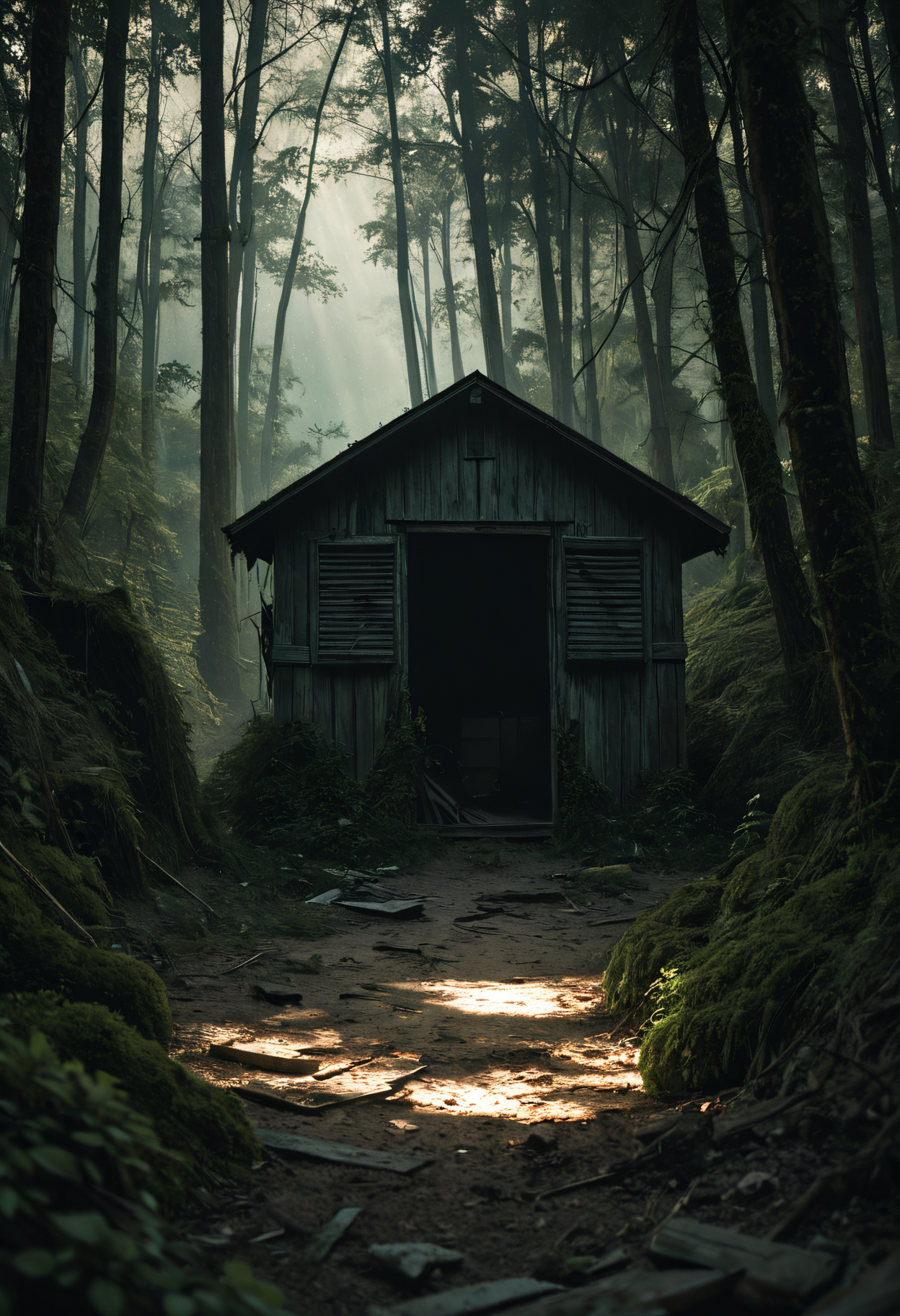 00004-174790514-masterpiece, best quality, incredibly absurdres, absurdres, highres, realistic,__shack, abandoned, overgrown, nature, forest, da.png